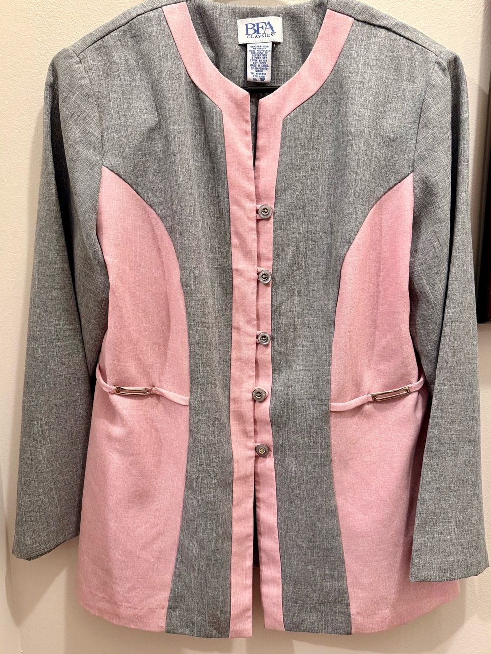 Vintage BFA Classics Petite 10P Pink Gray Colorblock Jacket Top Shoulder Pads